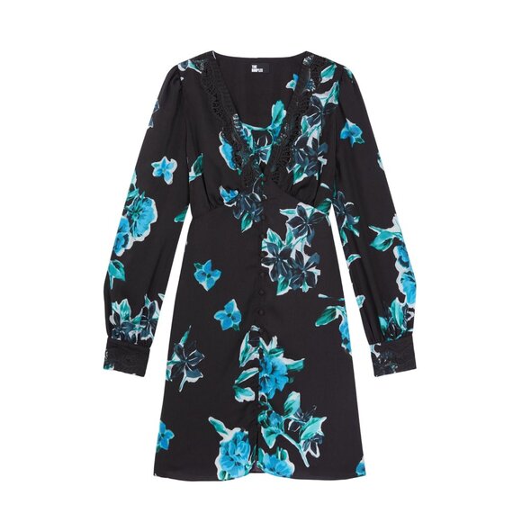 The Kooples Black & Blue Floral Print V-Neck Lace Trim Buttoned Mini Dress - Picture 3 of 10